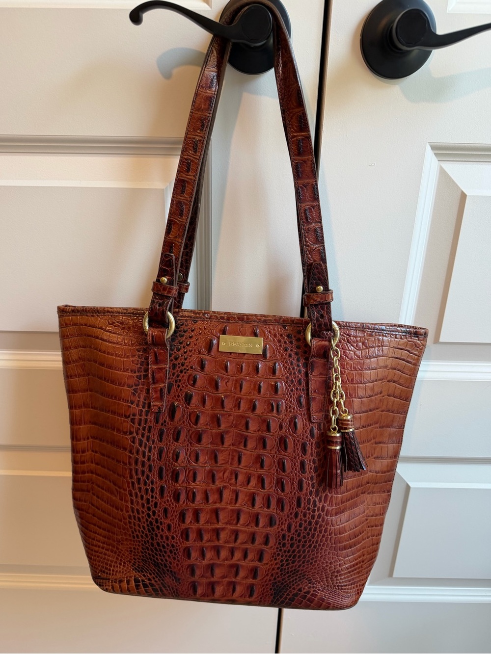 Brahmin Cognac Faux-Croc Tote with Tassel Charm
